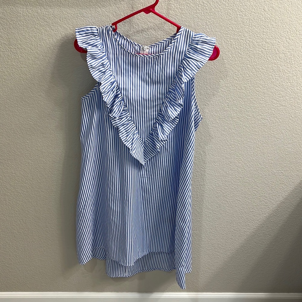 Stripe ruffle front easy dress. Zip back closure.